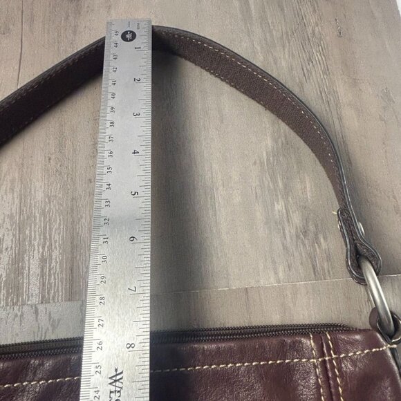 Vintage Fossil Brown Leather Shoulder Boho Bag Purse Silver Key Charm Zip - Picture 13 of 15